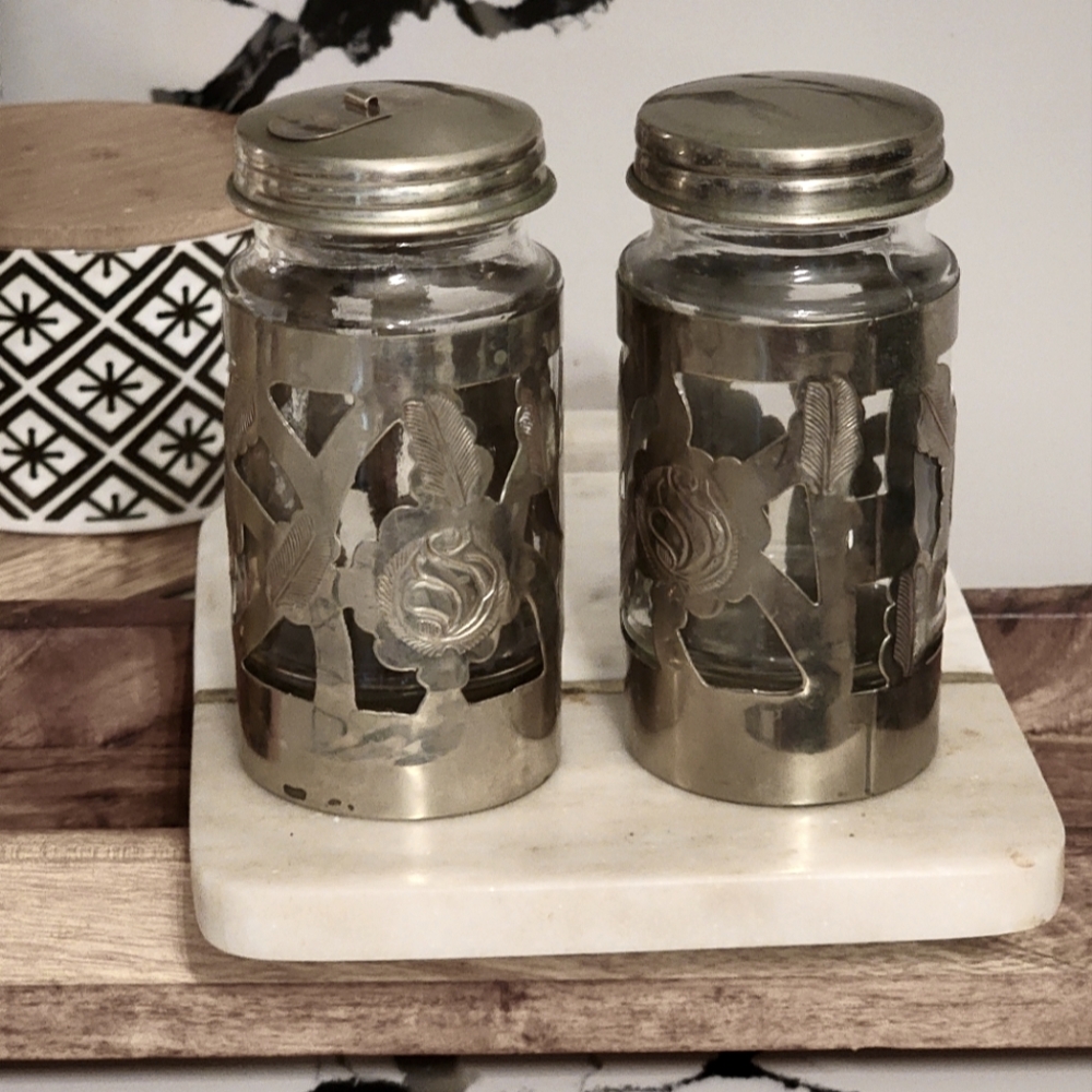 Vintage Spice Jars Silver Wrapped Jars Set (Sugar, Spices, Coffee, Tea)
